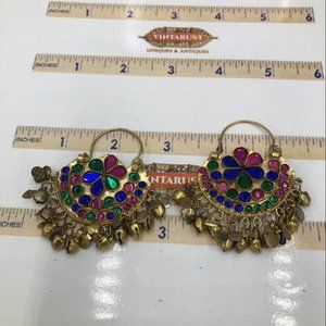 Golden Glass Stones Earrings, Tribal Kuchi Earrings With Multicolor Glass Stones